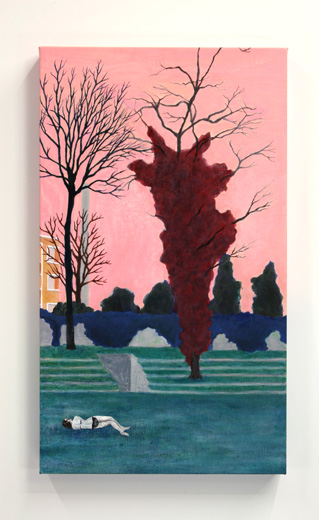 Sleeping figure overlooking a red tree