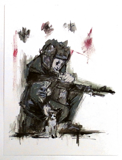 Soldier and kitten（兵士と仔猫） on paper