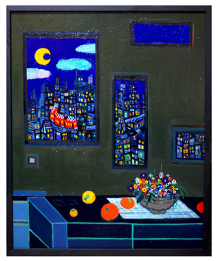 夜のまちと花とみかん