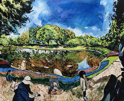 大きな池とお花畑