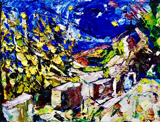 赤い屋根がみえる丘