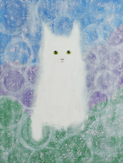 白もやの猫　ひょっこり