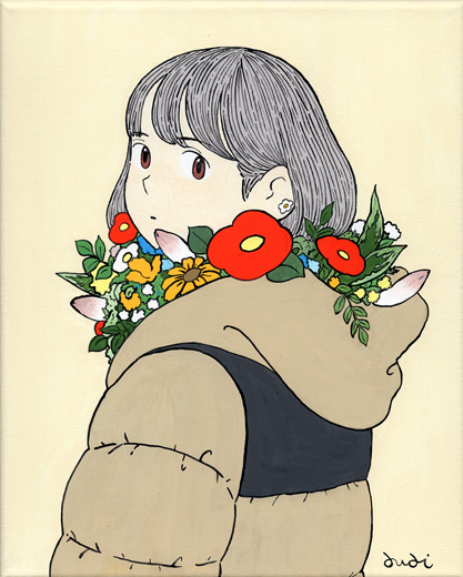 フードに花